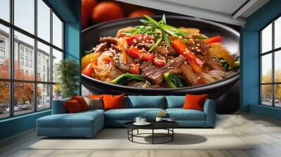 Korean food: Japchae stir-fried glass noodle Wall mural