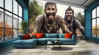 two people having fun biking in dirty with muddy mud faces Wall mural