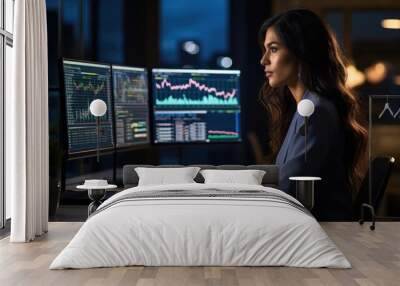 a woman in dress clothes sitting at a computer with software displaying on the monitor in an office with dusky night light Wall mural