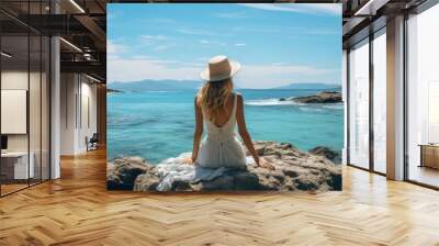 back view photograph of a female travel instagram influencer sitting on stone beach Wall mural