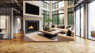 beautiful living room interior with hardwood floors and fireplace in new luxury home large bank of w Wall mural