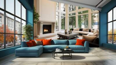 beautiful living room interior with hardwood floors and fireplace in new luxury home large bank of w Wall mural