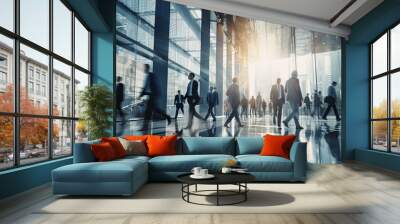 Blurred group of busy business people moving through a corporate office space Wall mural