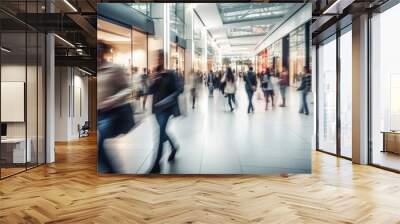 Blurred group of people go shopping in fast movement in mall Wall mural