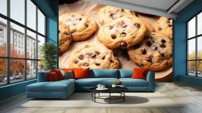 Chocolate chip cookies freshly baked on parchment paper Wall mural