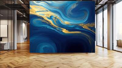 Mesmerizing abstract liquid art of swirling blue and gold hues  Wall mural