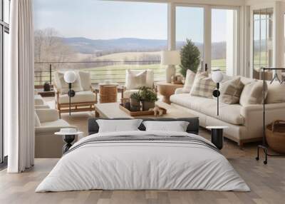 modern country ranch house living room with view of rolling hills Wall mural