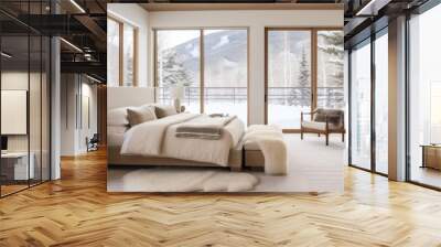 Modern cozy minimalist house bedroom with snowy forest outside Wall mural