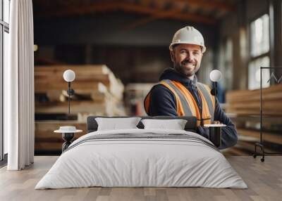 Portrait of a male carpenter at a construction site leading a team of carpenters Wall mural