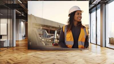 Portrait of a woman at a construction site supervising the realization of her architectural creations Wall mural