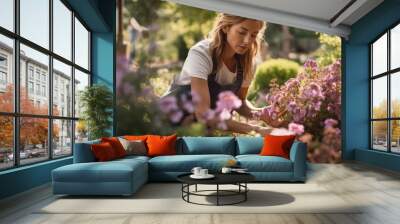 Portrait of a woman gardener in a lush botanical garden tending to vibrant flower beds Wall mural