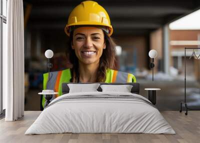 portrait of smiling female engineer on site wearing hard hat high vis vest and ppe Wall mural