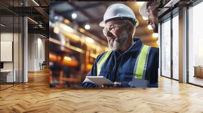 Two happy intelligent engineers discuss production details in factory Wall mural