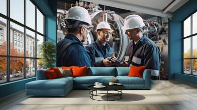 Two happy intelligent engineers discuss production details in factory Wall mural