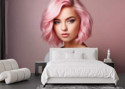 young female model with pink hair standing in front of pink studio background Wall mural