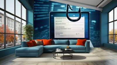 login information attached to large hook hanging in front of computer cyber crime phishing concept Wall mural