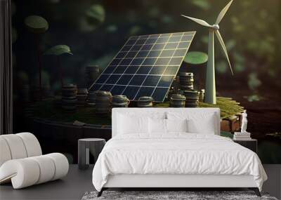 Lending for the development of green energy. The cost of clean electricity. Power plant profitability. Renewable energy investment. Dollar symbol and solar panels. 3d render. Generative AI Wall mural