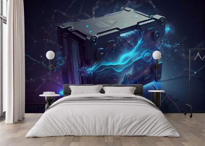 Lithium ion battery starts recharging electric energy supply, fast charging technology concept, abstract futuristic 3d rendering illustration digital cyberspace particle background. Generative AI Wall mural