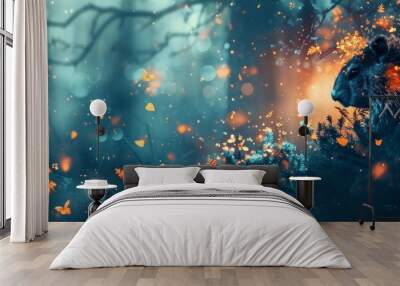  a digital painting of a bear in a forest with butterflies on it's fur and trees in the background. Wall mural