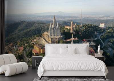 4k photo Tibidabo, Barcelona View, drone Aerial view of Barcelona, Catalunya, Spain, Europe Wall mural