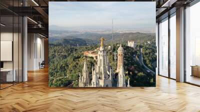 4k photo Tibidabo, Barcelona View, drone Aerial view of Barcelona, Catalunya, Spain, Europe Wall mural