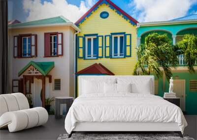 Colorful houses in Orient Bay on the island of Saint-Martin in the Caribbean Wall mural