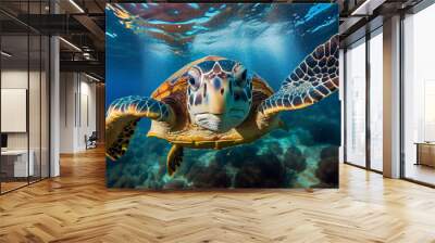 Sincere sea turtle underwater looking straight into the camera Wall mural