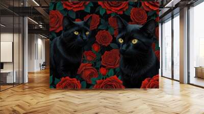  black cat is sitting in a field of red roses. Wall mural