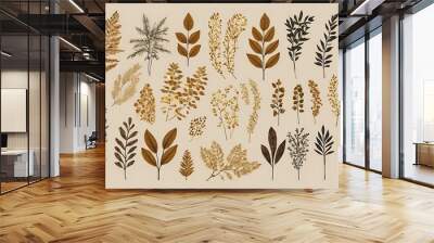  contains 18 black and gold leaf branches on a white background. Wall mural