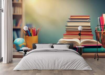  open books on a wooden table Wall mural