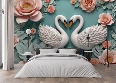  white swan is sitting on a pond surrounded by pink and white flowers. Wall mural