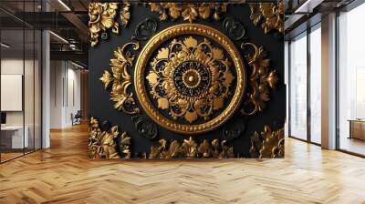 Black marble wall with gold ornate flourishes and a large gold decorative medallion in the center. Wall mural