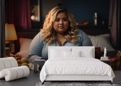 fat girl eating junk food in fast food restaurant Wall mural