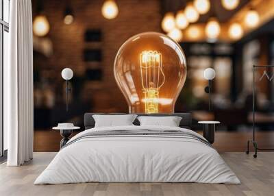 Glowing Light Bulb on Wooden Surface with Blurred Background Wall mural