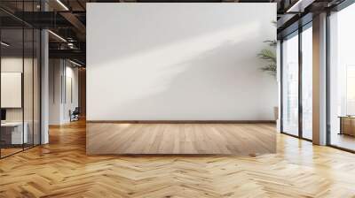 Interior home of empty room with plant on hardwood floor on white wall copy space mockup Wall mural