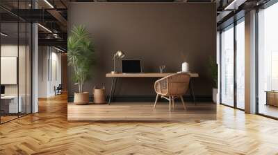 Interior home office of workplace with wooden desk and rattan chair on brown wall copy space mock up Wall mural