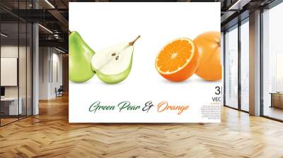 realistic green pear fruits and realistic ripe fresh orange fruits isolated on white background. Wall mural