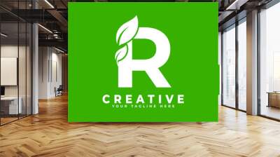 Letter R with Leaf Logo Design Element on Green Background. Usable for Business, Science, Healthcare, Medical and Nature Logos Wall mural