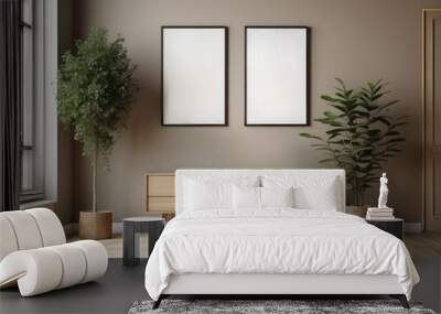 Minimalist Interior Design with Wooden Cabinet and Two Empty Picture Frames Wall mural