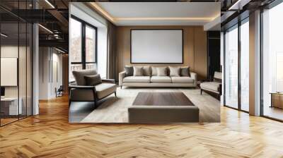 Modern living room interior with a large blank canvas above a beige sofa Wall mural