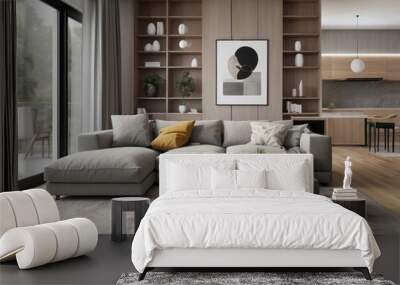 Modern Living Room with Grey Sectional Sofa and Wooden Shelving Wall mural