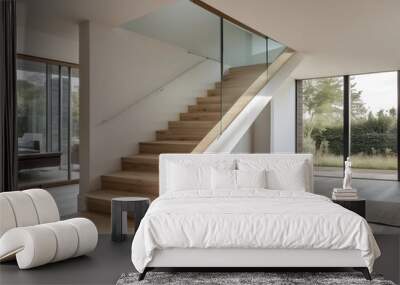 Modern Wooden Staircase with Glass Railing in a Minimalist Interior Wall mural