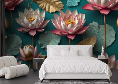 pattern of pink and gold lotus flowers against a dark teal background. Wall mural