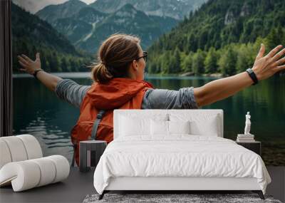 person standing on a dock with their arms outstretched  Wall mural