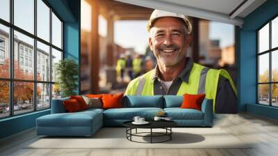 Professional construction worker wearing hat and safety suit at construction building site Wall mural