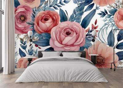 repeating pattern of pink and coral roses with blue and green leaves on a white background. Wall mural