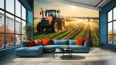 Tractor machine spraying pesticide fertilizer on soybean crop farmland. agriculture, farming and harvesting Wall mural