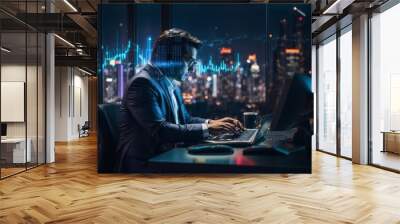 young businessman in front of computer or laptop with stock chart and business finance on the screen Wall mural