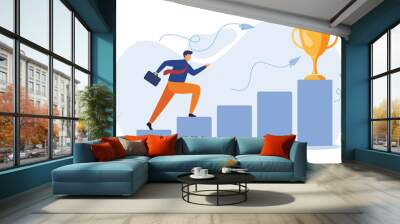 Business concept of success. Businessman run to their goal on the column of columns. Moves up steps to the target's achievement. Vector Illustration. Wall mural