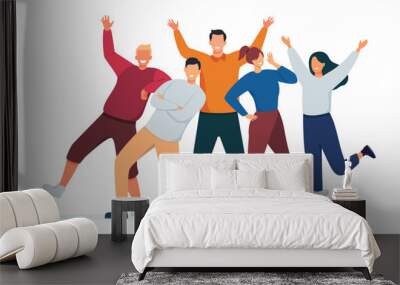 Group of young people posing for a photo illustration. Teamwork, cooperation, friendship concept. Vector illustration. Wall mural